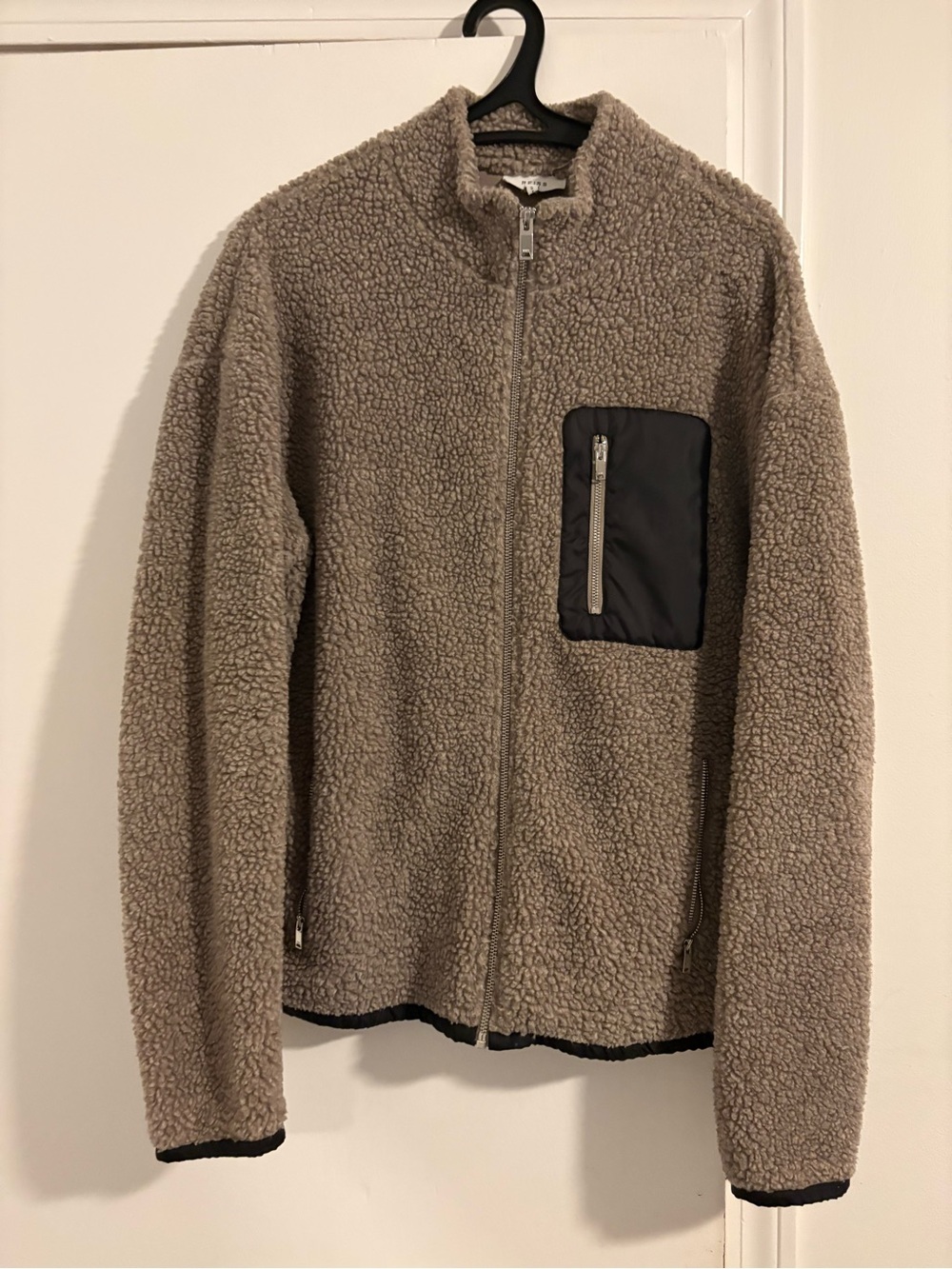 Reiss Taupe Sherpa Zip-Up Jacket with Black Chest Pocket